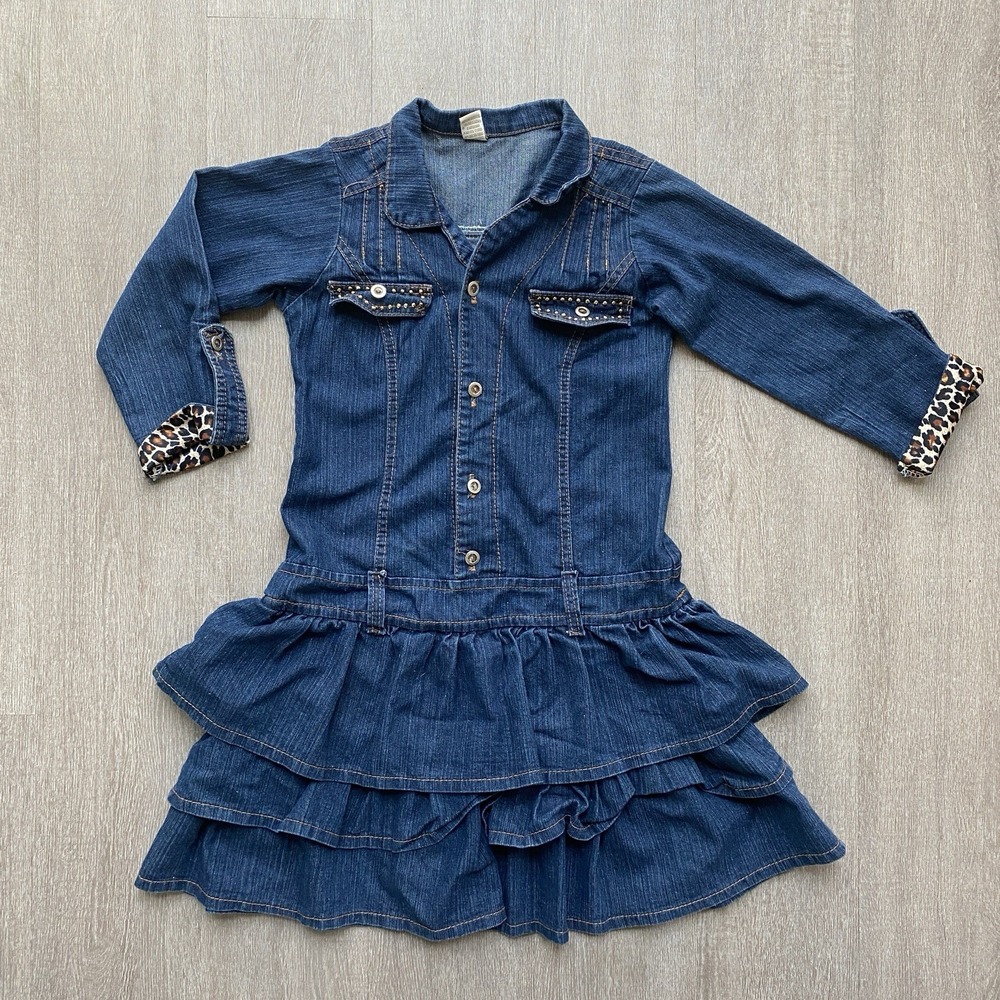 Celine Jeans Girls Blue Ruffled Denim Jean Long Sleeve Dress Size 16 Kidcore